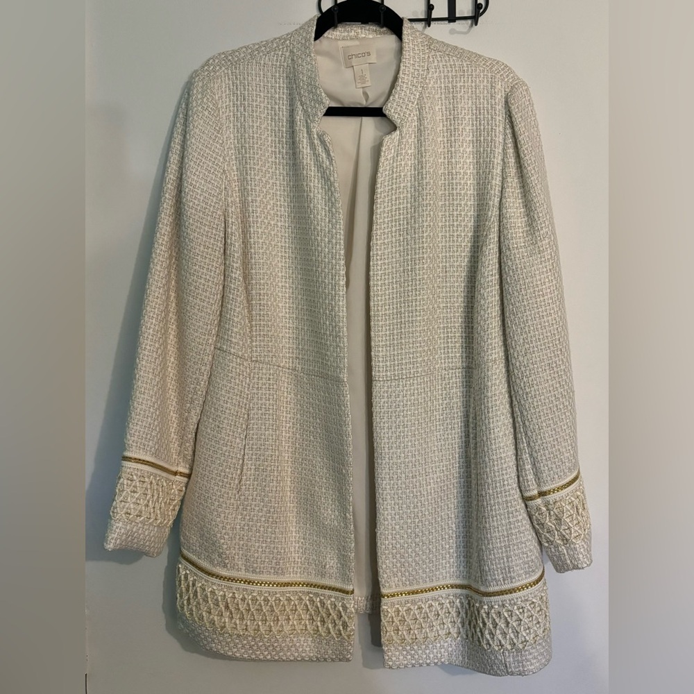 chico's Womens Sz 1 Ivory Gold‎ Bouclé Blazer Front Pockets Office Party Golden